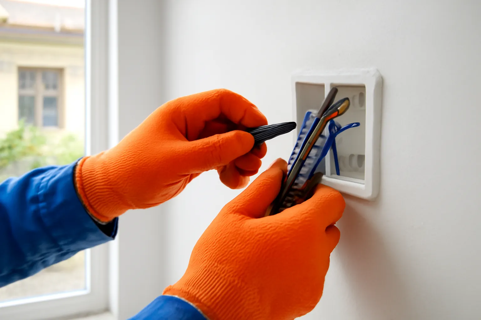 An electrician's gloved hands connecting wires inside a white wall switch box in a townhouse