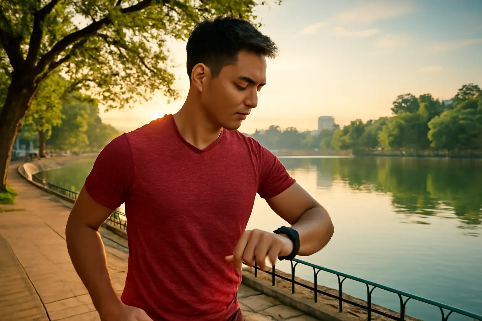 A jogger seen from the side glancing at a plain smartwatch on a lakeside path at sunrise
