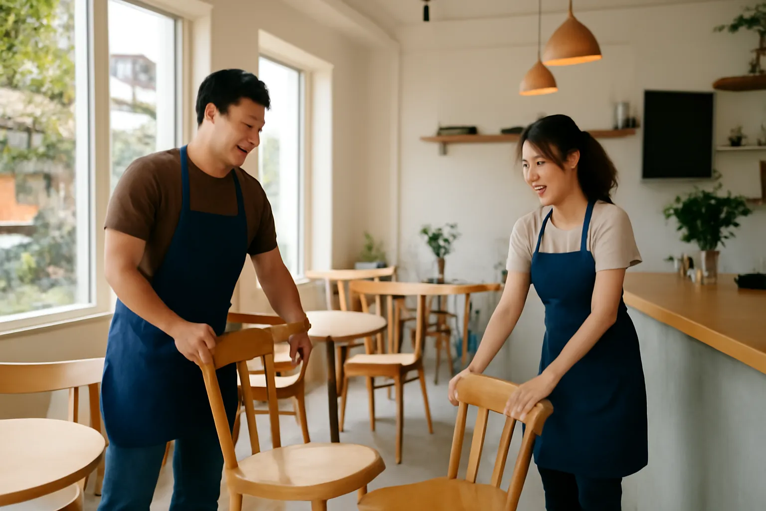 Chủ quán cà phê và nhân viên xếp ghế buổi sáng, máy bán hàng nhỏ trên quầy