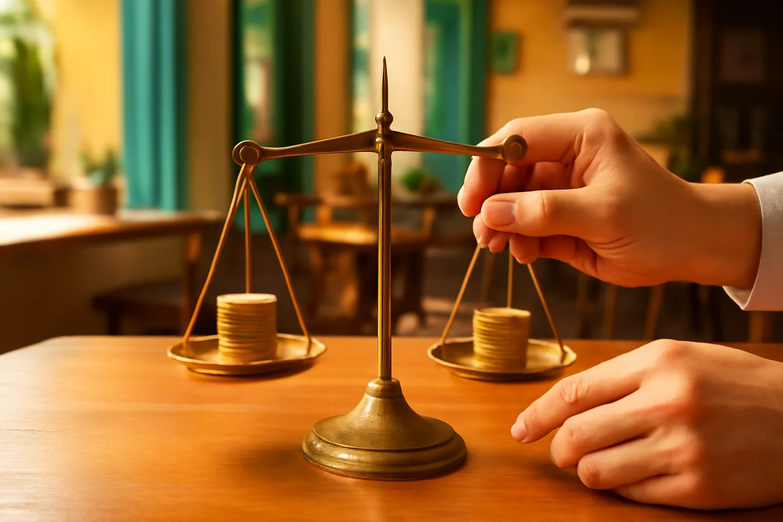 Hands adjusting a brass balance scale holding two equal stacks of plain coins on a café counter