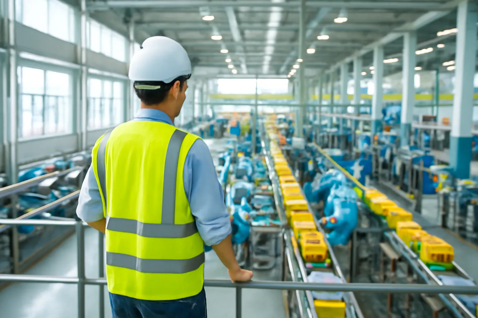 Young supervisor on a raised walkway looking down at a packing line in a bright factory, rear view