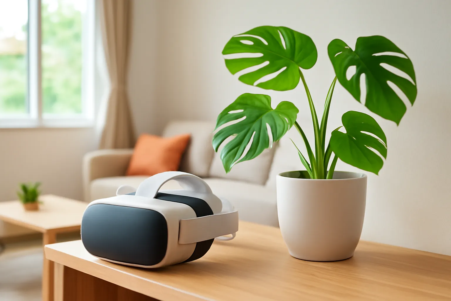 Virtual reality headset on a wooden shelf beside a potted plant in a bright living room