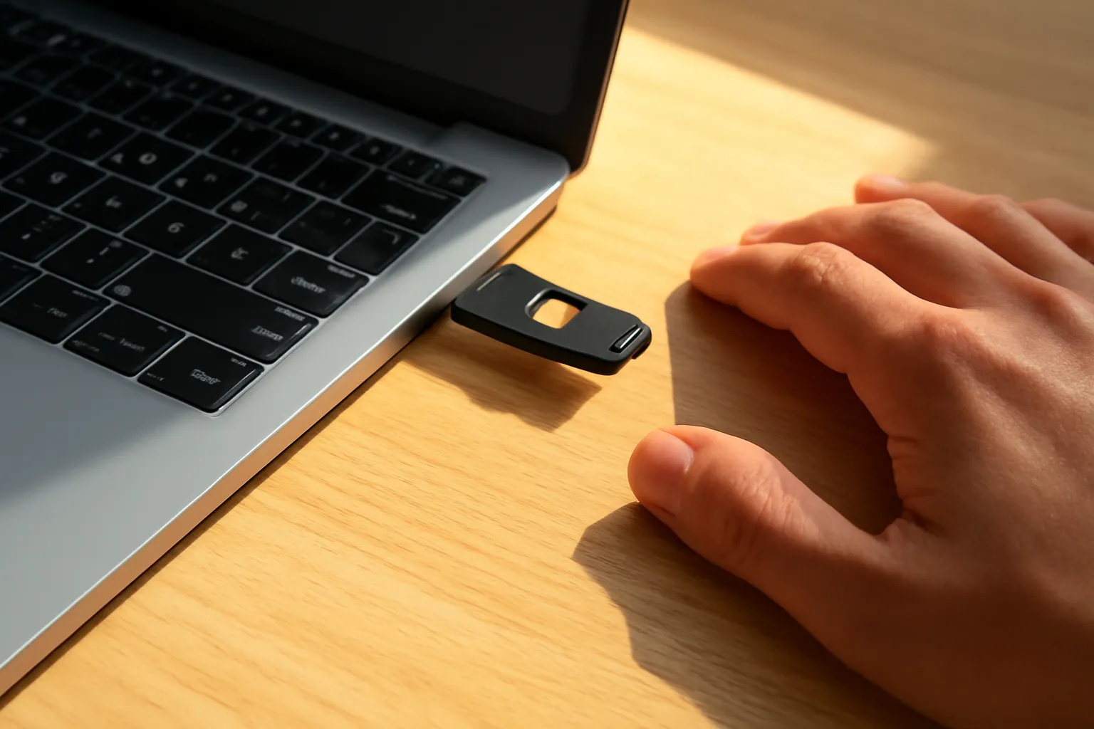 Small USB security key plugged into a silver laptop on a light wooden desk