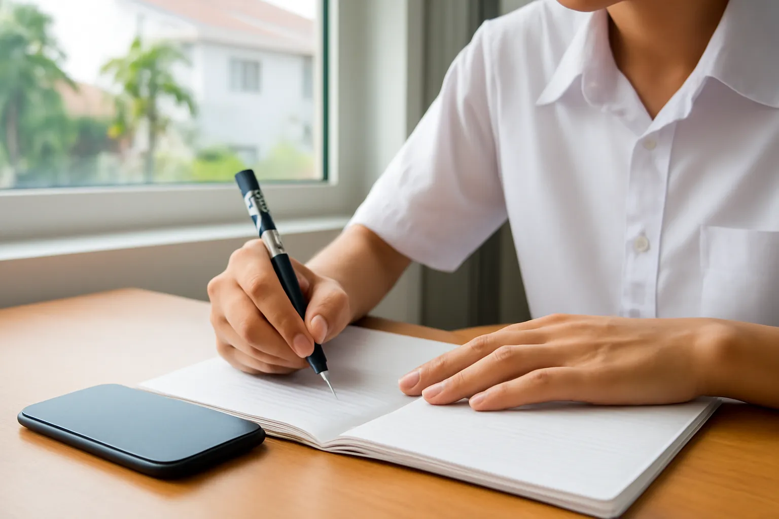 A student writing in a notebook at a desk near a window, a phone turned face down