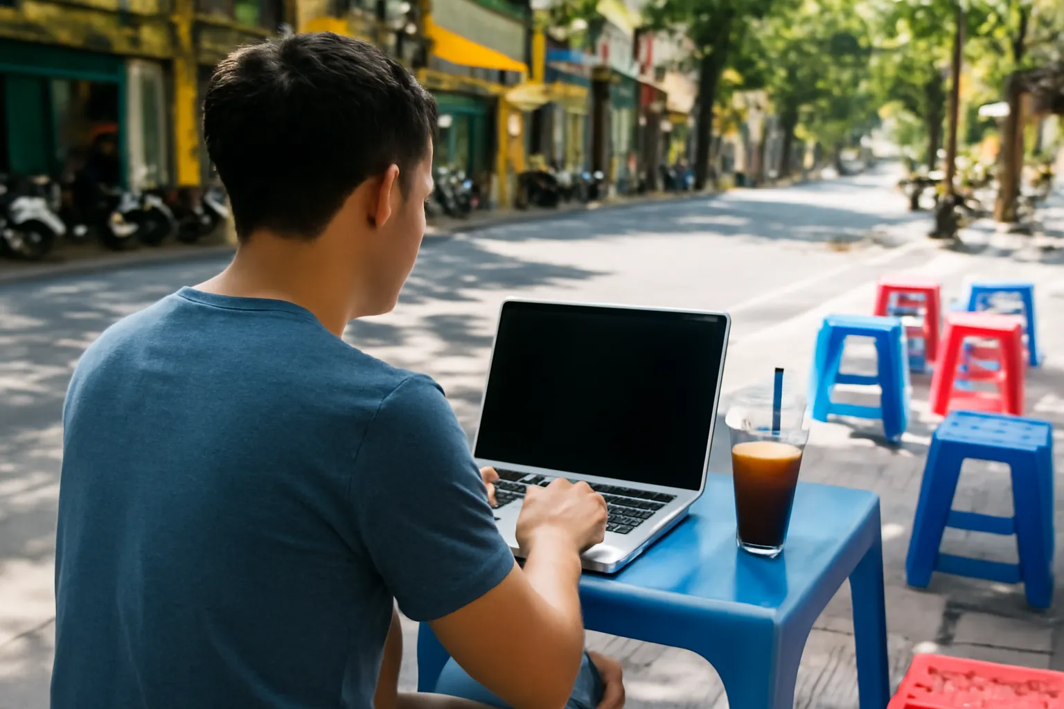 Student at a Hanoi sidewalk cafe with a laptop on a low plastic table