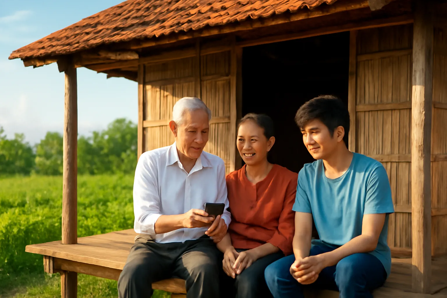 Grandparents and a teenage grandchild on a rural porch, grandfather holding a phone