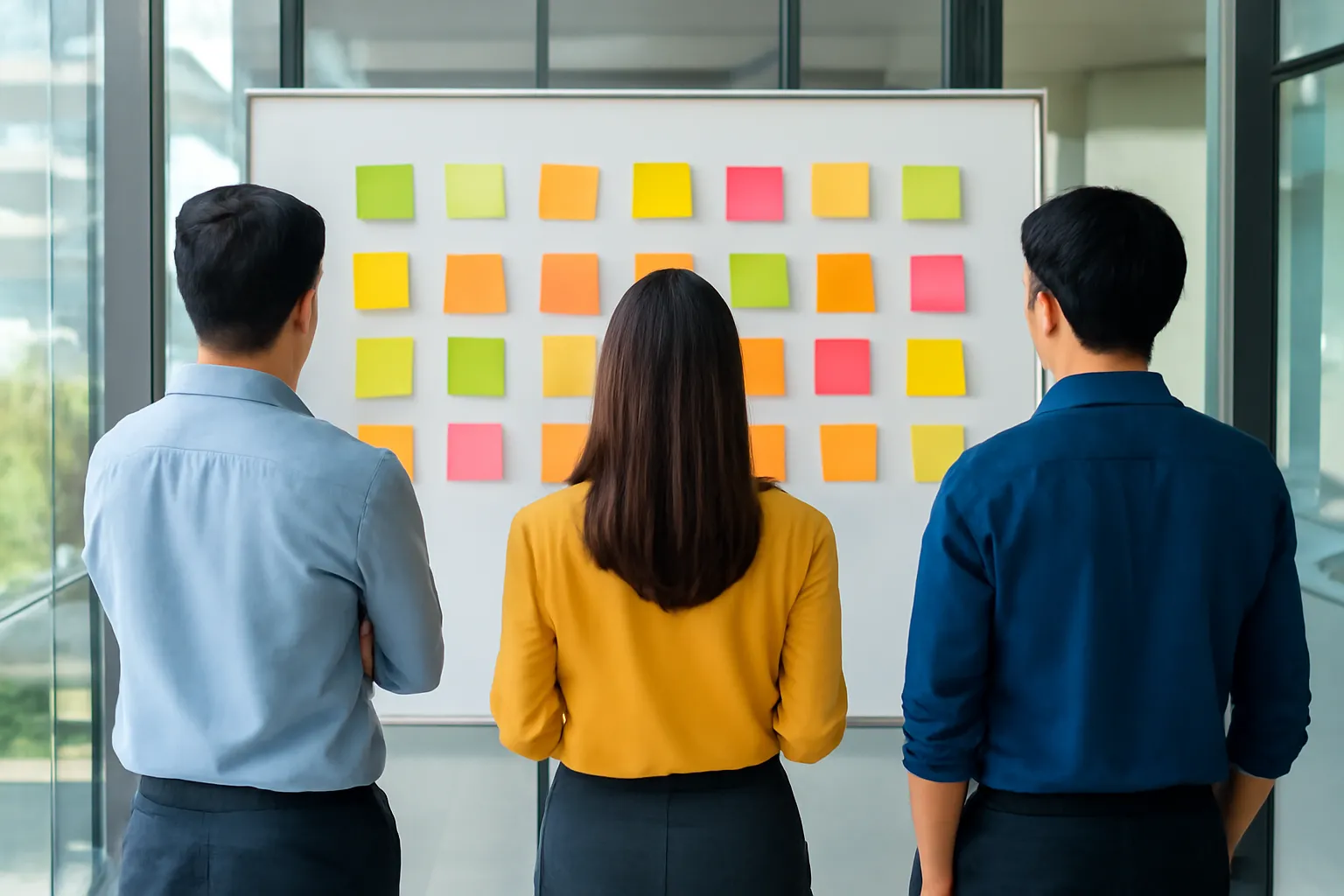 Ba người đứng quay lưng trước bảng trắng đầy giấy nhớ màu trong phòng họp kính