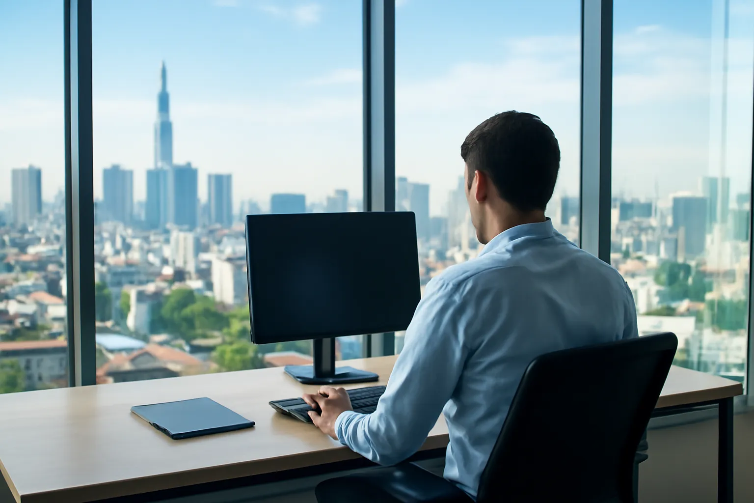 Office worker typing at a desk beside a glass wall overlooking the city skyline