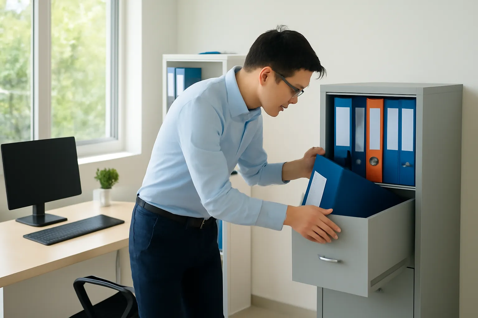 Accountant leaning sideways to place folders into a locked metal cabinet in a small tidy office