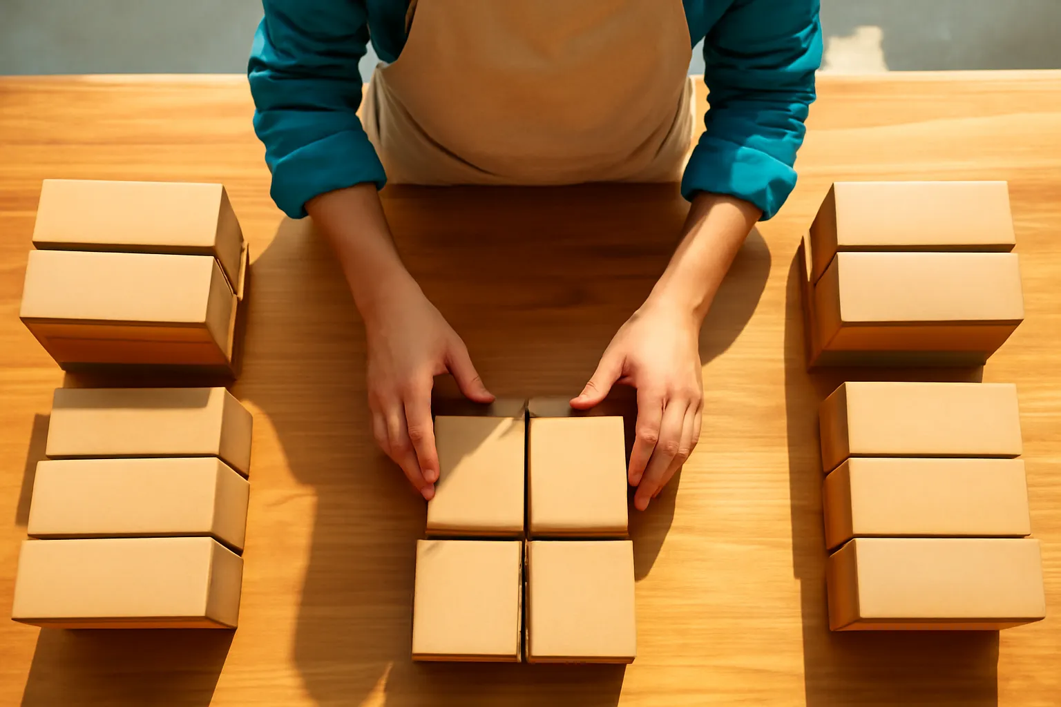 Hands of a small shop owner sorting cardboard boxes into neat groups on a wooden counter, top-down view