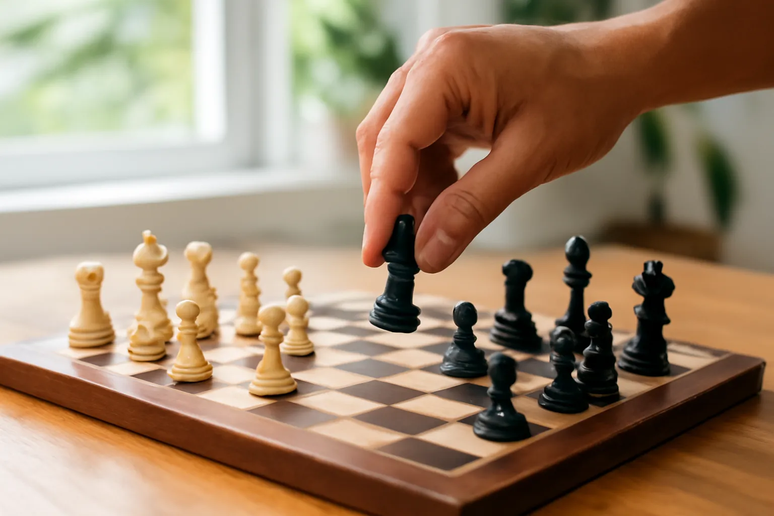 Hand placing a piece on a half-finished chess game on a wooden table, close side angle in daylight