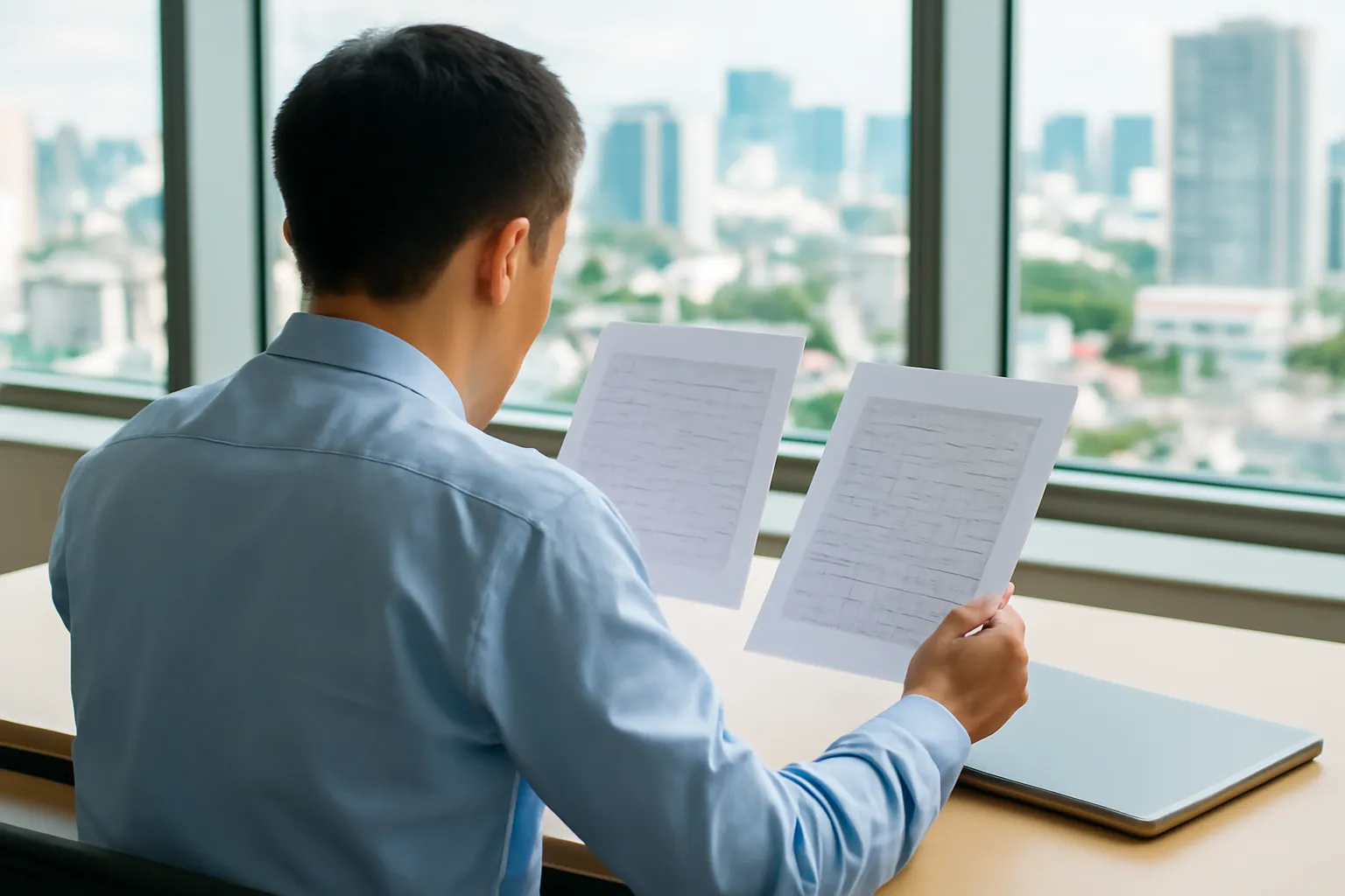 Office worker seen from behind comparing printed ledgers beside a closed laptop at a high-rise window