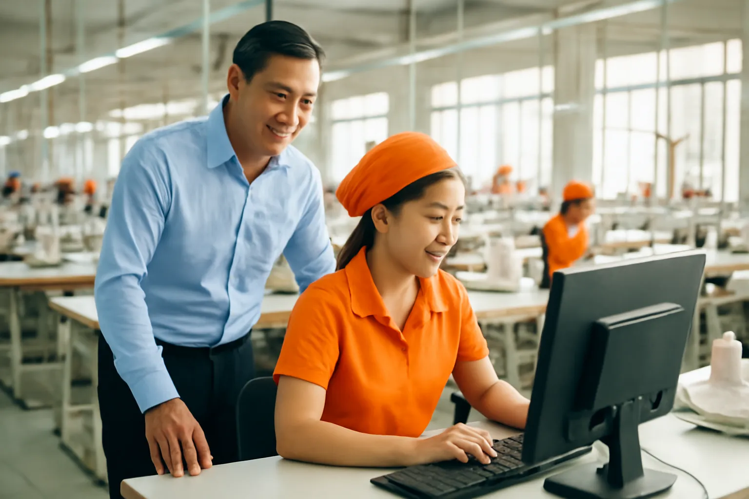 Người hướng dẫn đứng cạnh công nhân trước máy tính trong xưởng may sáng sủa